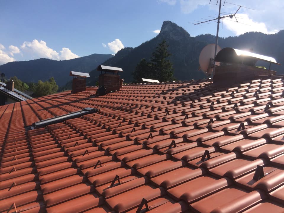 Ziegeldach vor Bergkulisse